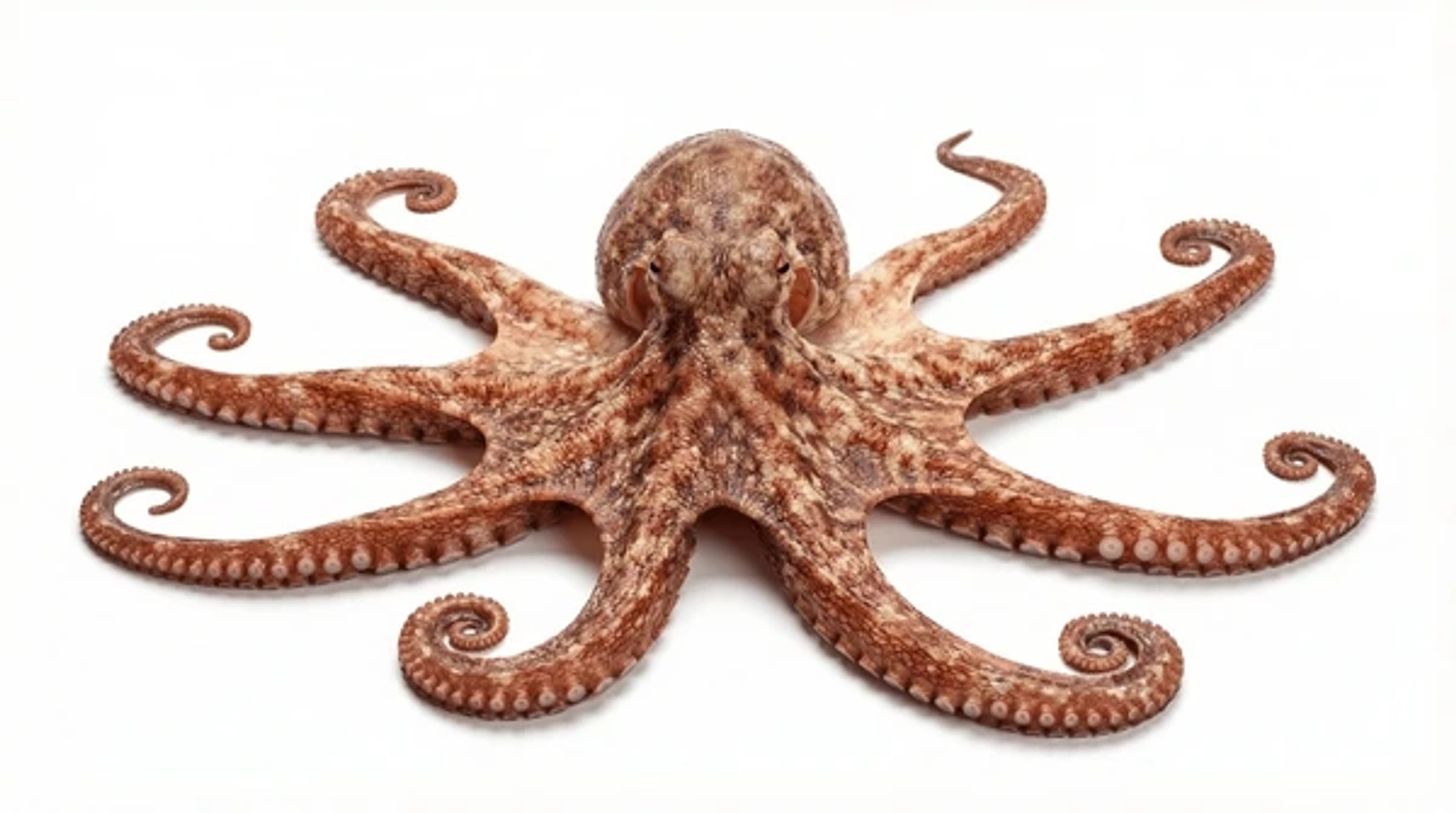 Whole octopus viewed from above with arms spread symmetrically on a plain background